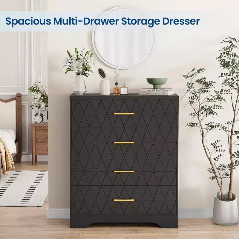 4-Drawer Tall Wood Dresser with Gold Handles, Modern Storage Chest, Wide Top