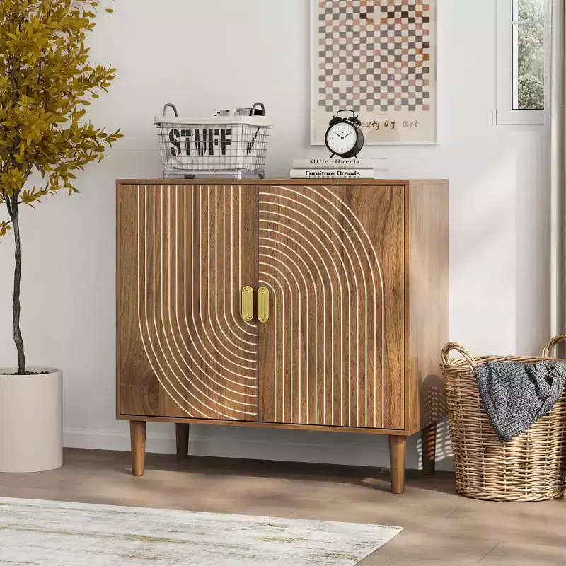 MAYEERTY Wood Buffet Cabinet with Line Groove Design Multifunctional Accent Cabinet for Living Room Kitchen Walnut