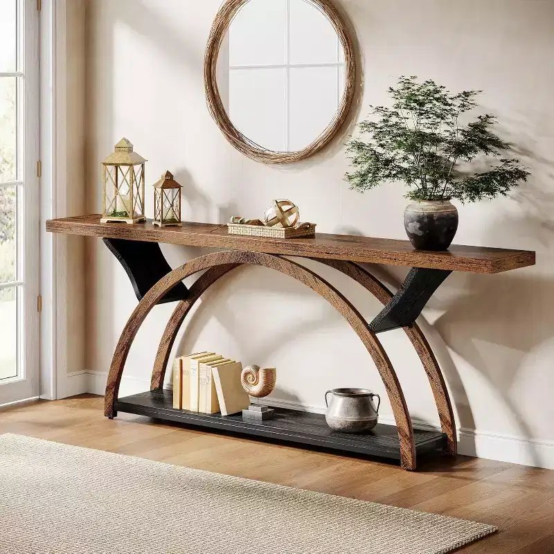 Lantine 70.87-Inch Console Table, Industrial Sofa Table with 2-Tier Storage Shelves for Living Room, Hallway, Entrance, Foyer, Rustic Brown & Black