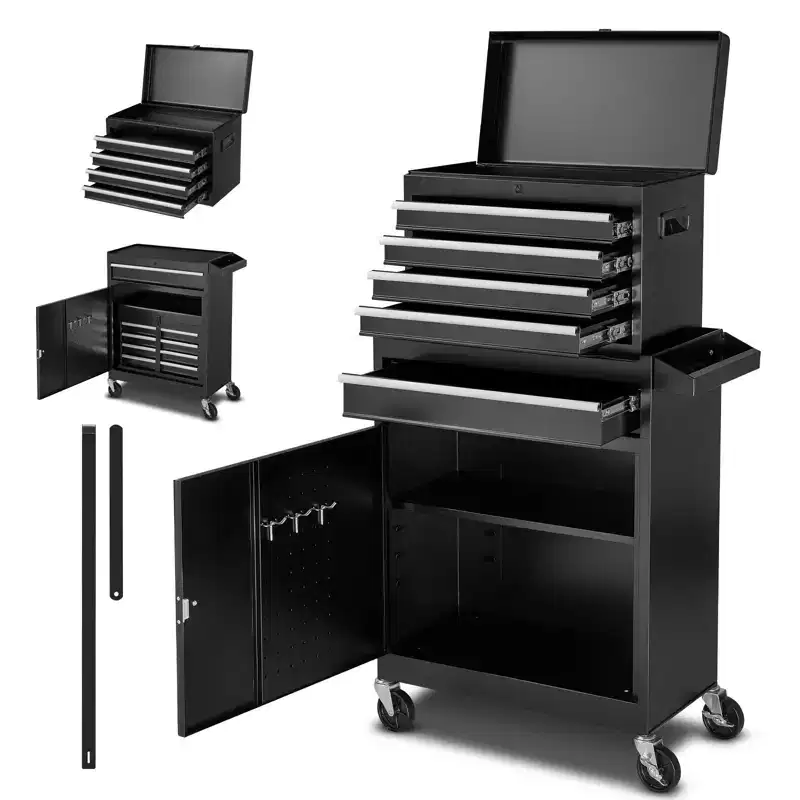 VEVOR Rolling Tool Chest, 2-in-1 Design, 5 Drawers Tool Cabinet Organizer with Detachable Top Metal Toolbox, Lock Bar, Protective Liner,Black