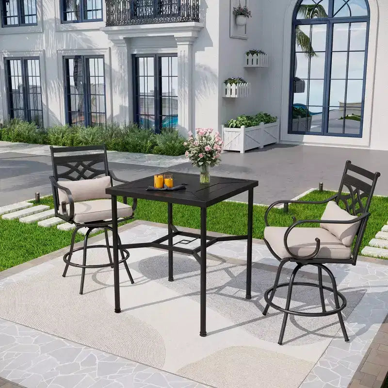 Captiva Designs 3pc Outdoor Patio Geometry Square Steel Bar Table & High Bar Swivel Stools