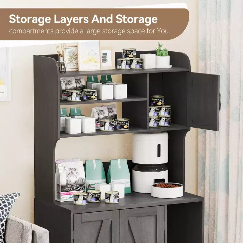 51'' Cat Litter Box Enclosure with Storage Shelves, Hidden Litter Box Furniture, Large Wooden Cat Litter Box Cabinet with Litter Mat, Cat Furniture