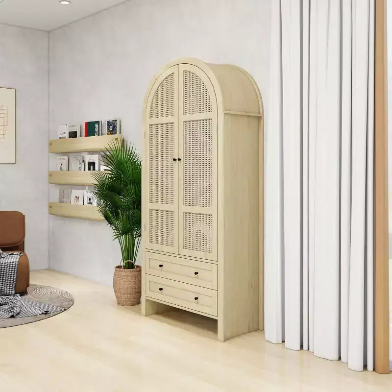 Natural Wood Tone, Arched Rattan Door Pantry Cabinet, 1-Person Assembly — 2 Drawers & 4 Shelves