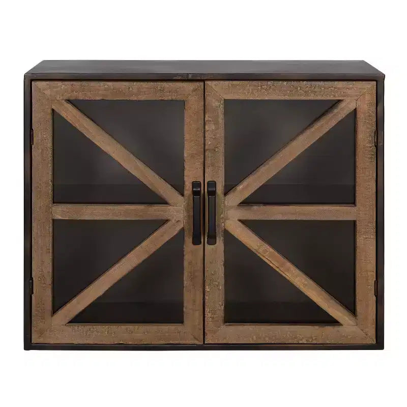 Farmhouse Wall Mounted Cabinet with Glass Doors & 2 Shelves, Rustic Metal Finish