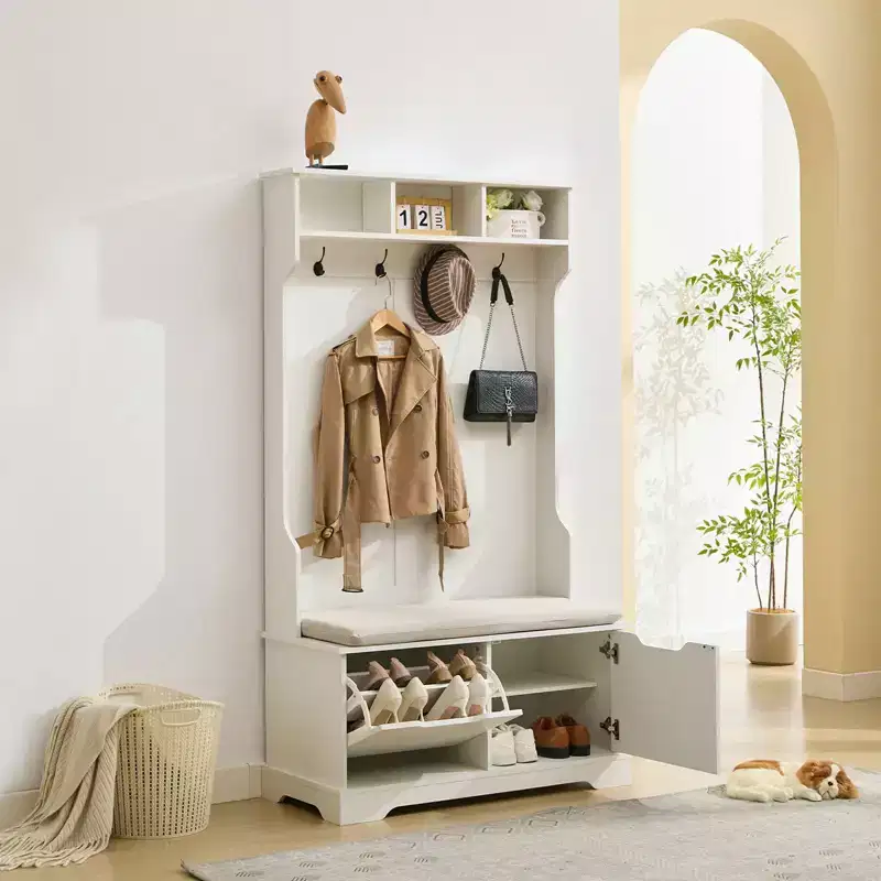 Hyleory Bench and Shoe Storage, Entryway Bench with Coat Rack, Modern Farm House Barn Door with Storage Bench and Hooks for Hallway, Living Room