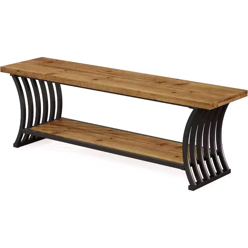 Industrial Entryway Bench with Shelf and Storage, 55 Inch Wood and Metal Shoe Bench for Bedroom, Hallway, Foyer