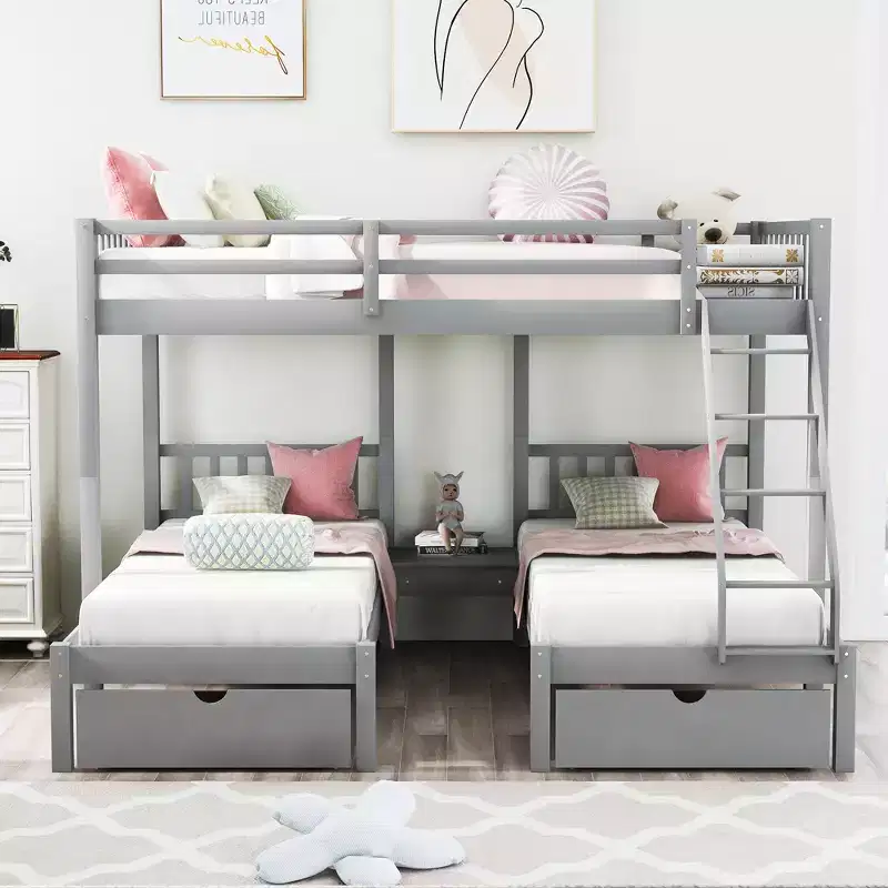 Full Over Twin & Twin Bunk Bed for 3, Wooden Triple Bunk Bed with 2 Storage Drawers, can be Divided into 3 Separate Beds