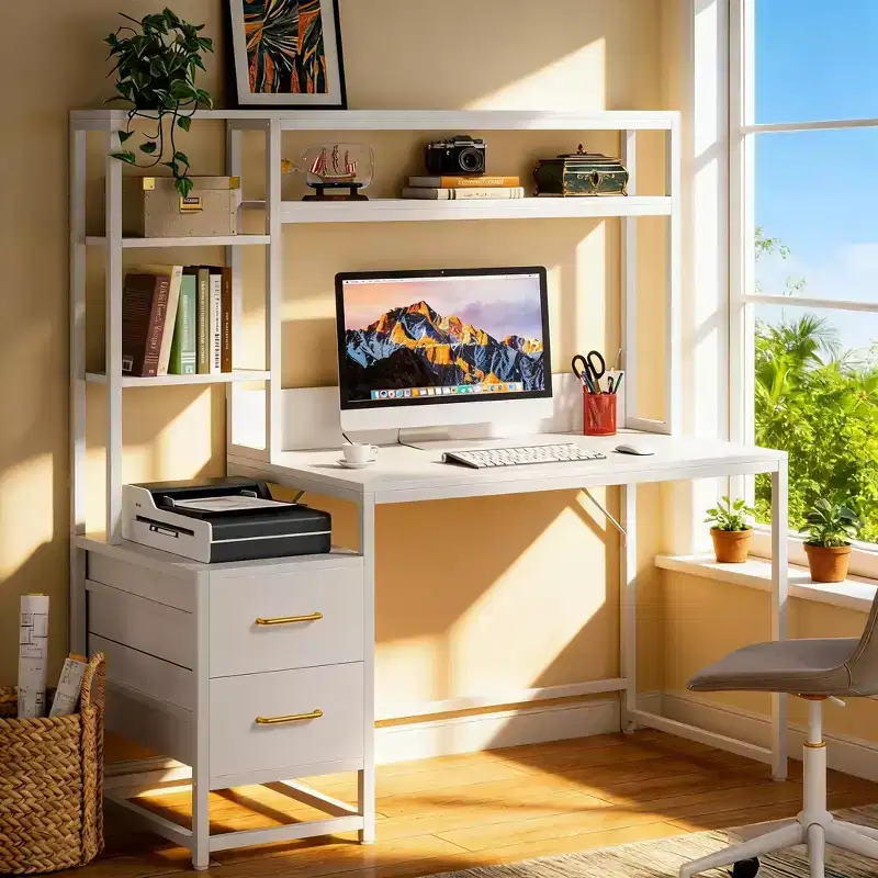 Office Storage Table, Tall Computer Desk with Hutch, 2 Drawers and Open Shelves, Modern Writing Table for Home Office, Study, Bedroom, White