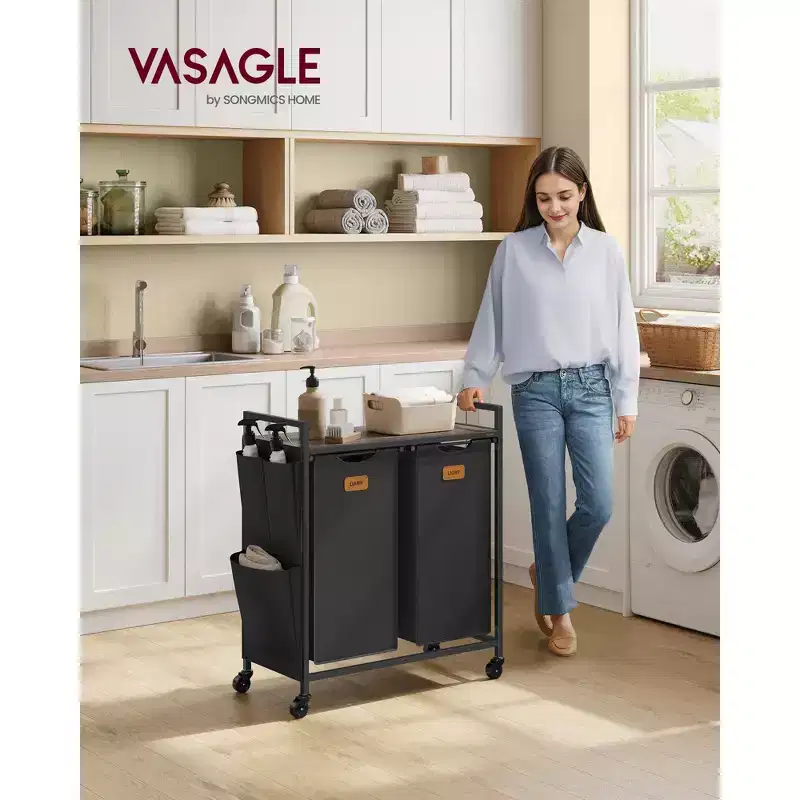 VASAGLE Laundry Hamper, Rolling Cart with Shelves, Small Side Pockets, 6 Labels, 2 Compartments, 26.4 Gal. (100 L), Ink Black and Ash Brown