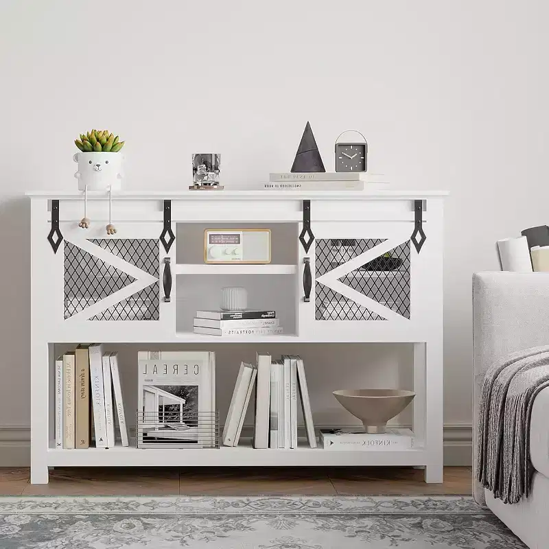 Farmhouse Entryway Table with Sliding Barn Doors, Console Tables for Entryway, Entry Way Table, White