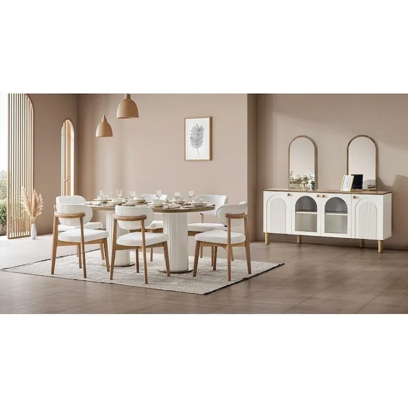 Blin 8-Piece Oval Dining Table, 6 Dining Chair With Wood Leg Set And 72 Buffet With Mirror