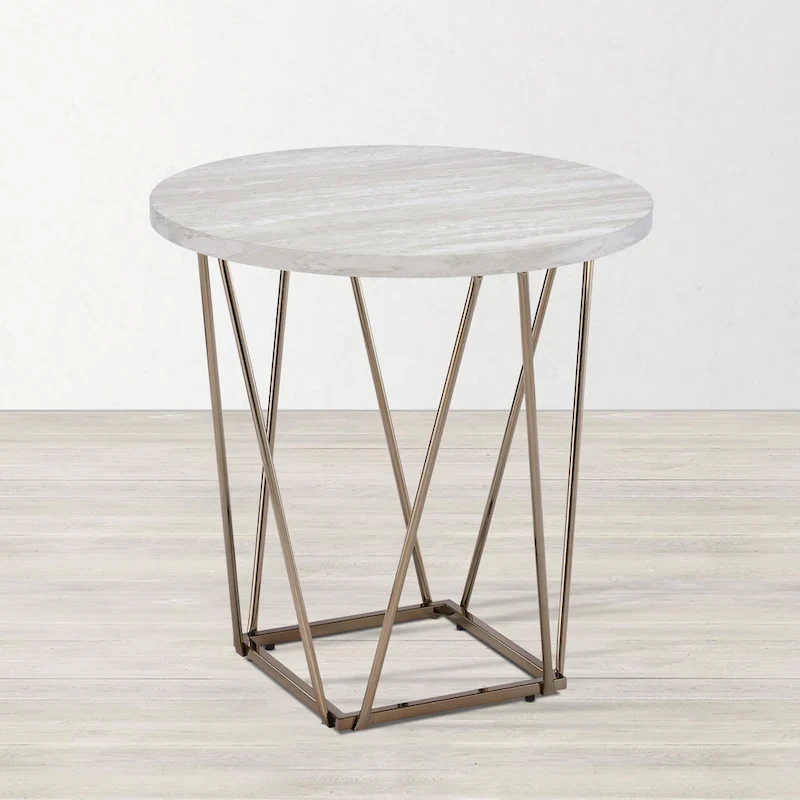 Off White/Champagne Round Faux Marble End Table, 1-Person