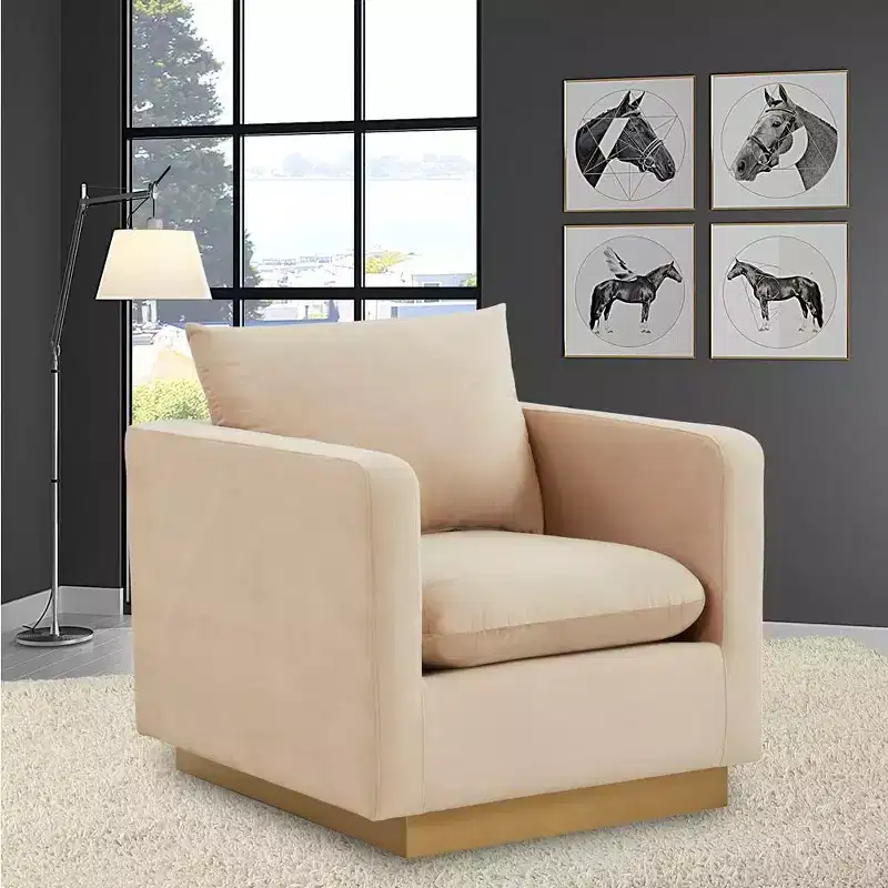 LeisureMod Nervo Velvet Accent Arm Chair  Upholstered Seating with Gold Stainless Steel Frame, Modern Design for Living Room, Office & Lounge