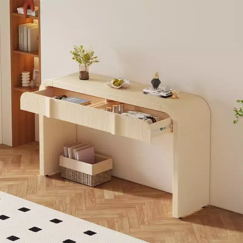 55 Modern Glossy Console Table, Rounded Sideboard Storage Cabinet with 3 Drawers, for Entryway, Living Room, Dining Room