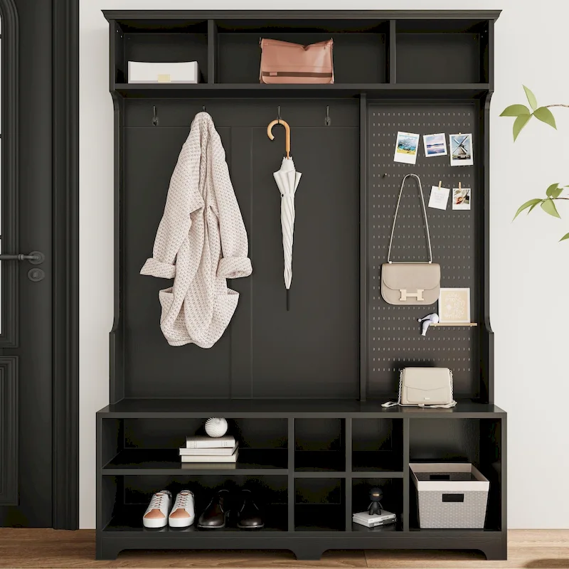 Hall Tree with Shoe Bench, Coat Rack, Shelves and Pegboard