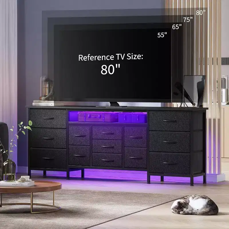 Black/Brown/White 13-Drawer Dresser & TV Stand, Fabric Storage, Fits up to 80 TV, 1-Person Assembly
