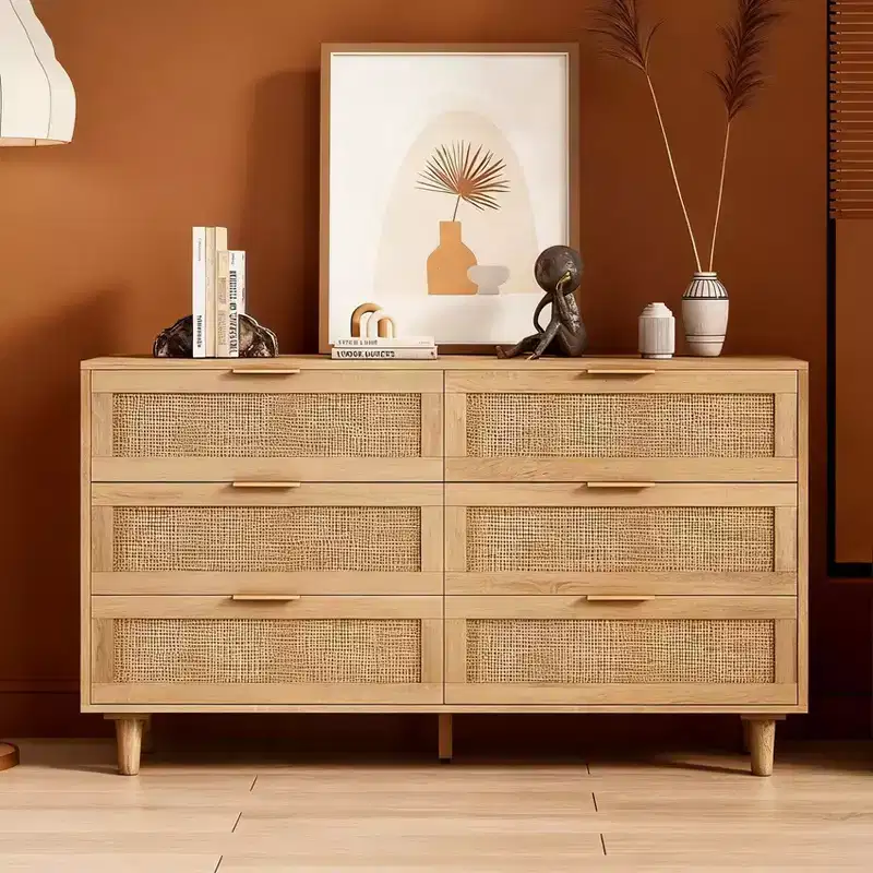 Natural Rattan Storage Cabinet with 6 Drawers, Freestanding Dresser for Bedroom & Living Room, Particle Board, 51.18