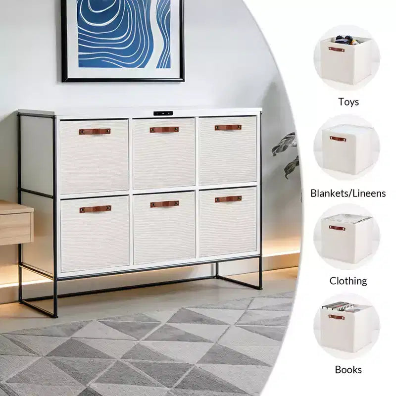 6-Pack 11 Inch Linen Storage Bins with Leather Handles, Foldable Open Front Cube Baskets for Closet Shelves