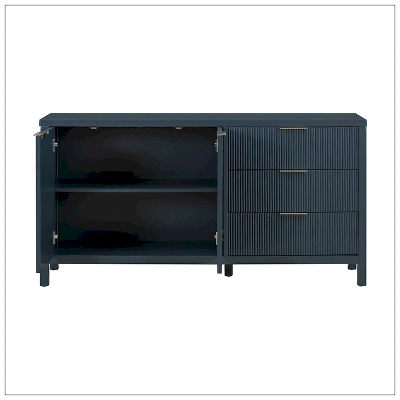 Wave-Pattern Sideboard – Navy Blue, MDF, Acacia Wood Legs, Aluminum Handles, 2 Doors & 3 Drawers