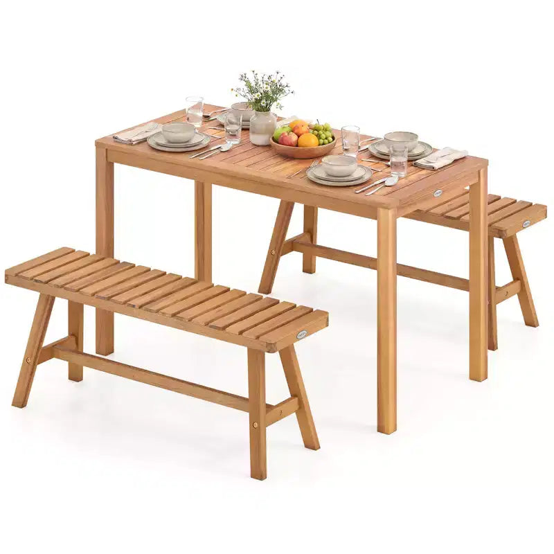 Costway 3 PCS Acacia Wood Patio Dining Set with Slatted Seats for Deck, Lawn and Backyard