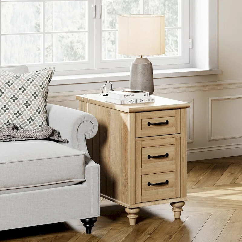 Modern End Table with Charging Station & Storage �C Oak & White