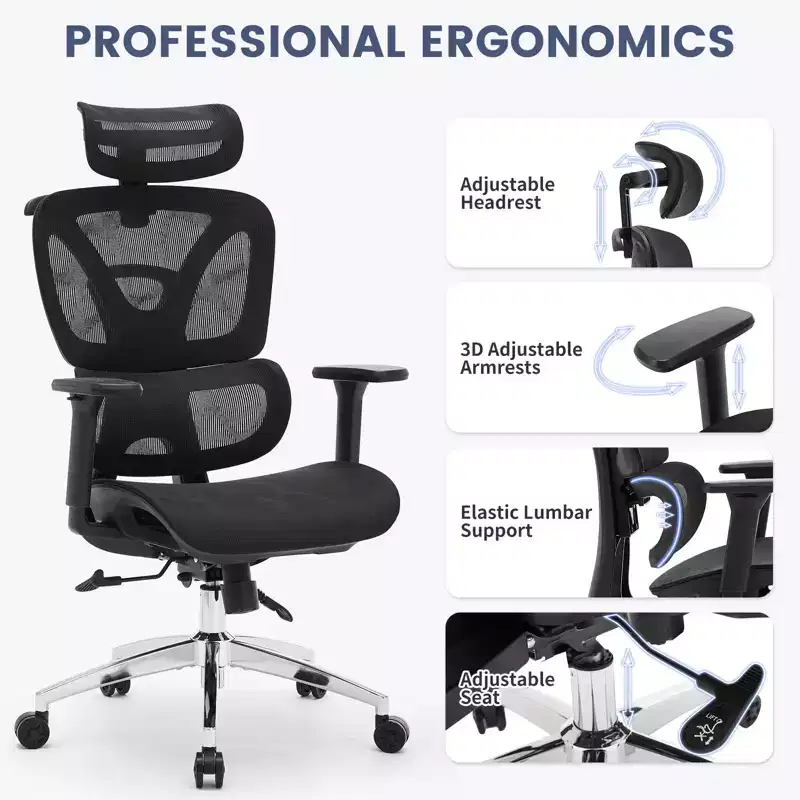Premium Ergonomic Mesh Office Chair with Adjustable Headrest, Lumbar Support, 3D Armrests, Breathable Design for Home & Office