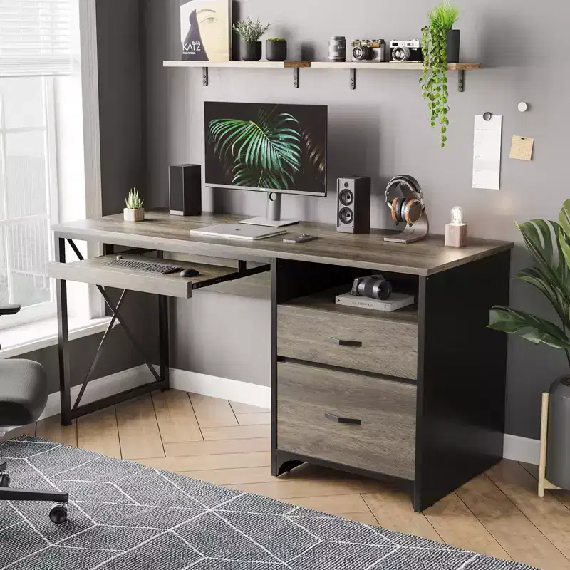 55'' Industrial Computer Desk with Keyboard Tray, File Drawers, and Storage Shelves