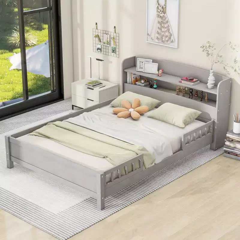 Whisen Wood Full Size Platform Bed with Built-in LED Light, Storage Headboard and Guardrail