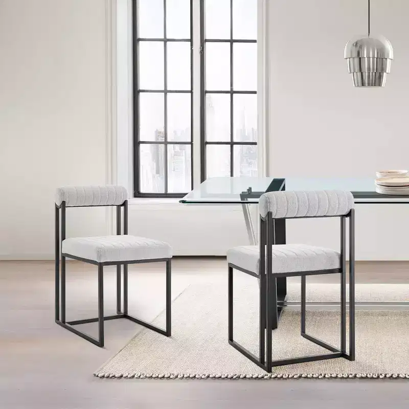 Armen Living Set of 2 Anastasia Iron and Fabric Dining Chairs Matte Black/Light Gray