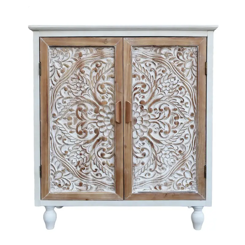 Vintage Free-Standing Buffet Cabinet with 2 Carved Doors,Brown and White, 34.5 H - 31.3x 14.2x 34.5