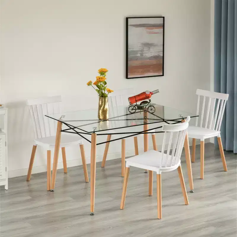 Rectangle Clear Tempered Glass Dining Table - Mid-Century, Solid Wood Legs, Seats 4-6