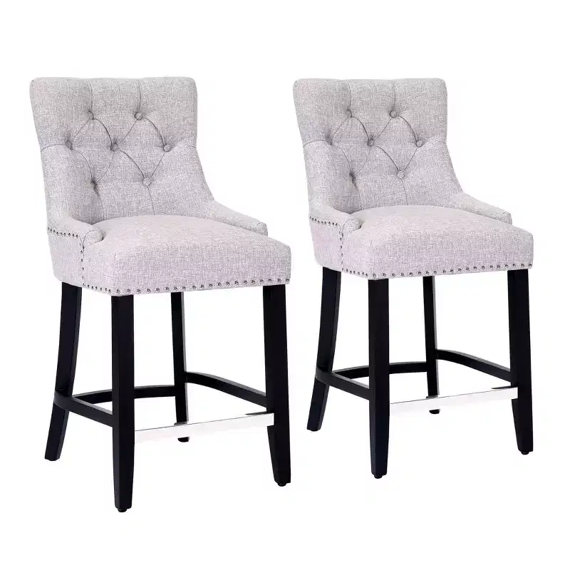 WestinTrends 24 Linen Tufted Buttons Upholstered Wingback Counter Stool (Set of 2), Light Gray