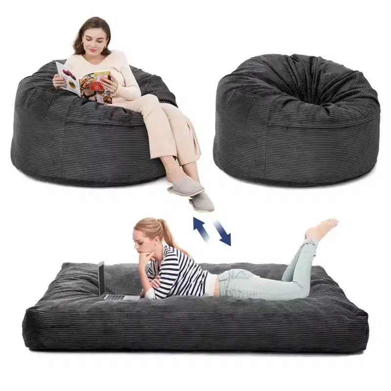 2-in-1 Full Size Giant Bean Seat - Convertible Corduroy Floor Mattress Sofa Couch with High Density Foam for Bedroom, Living Room