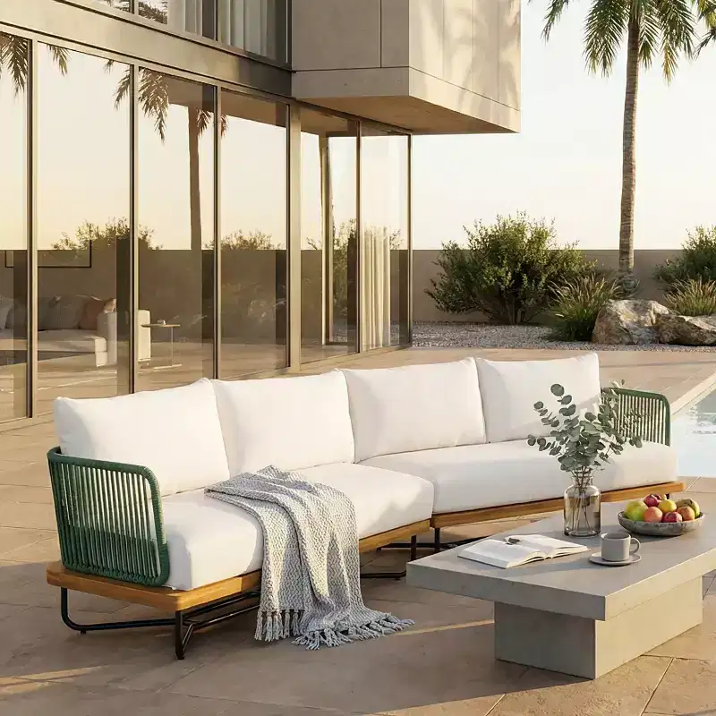 Christopher Knight Home Lucca Modern Outdoor Acacia Wood Rope 4-Seater Sectional Sofa with Cushions
