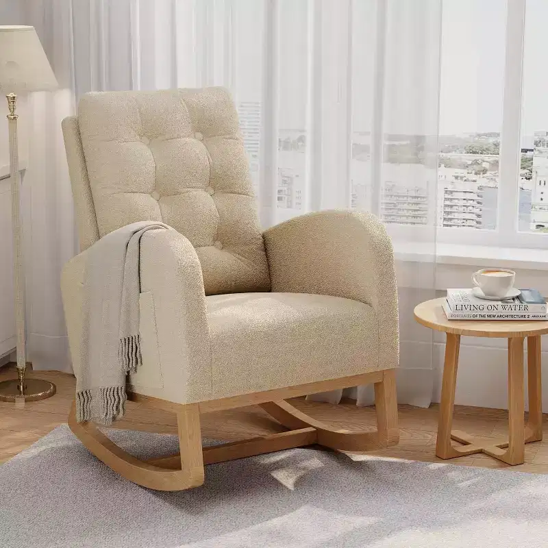 Cozy High-Back Nursery Rocking Chair with Footrest, Upholstered Glider Armchair for Living Room in Teddy, Linen or PU