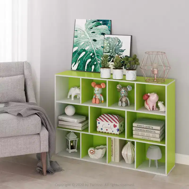 Furinno 3-tier Open Bookcase 11-Cube Floor Standing Storage Shelves Display Cabinet,Green