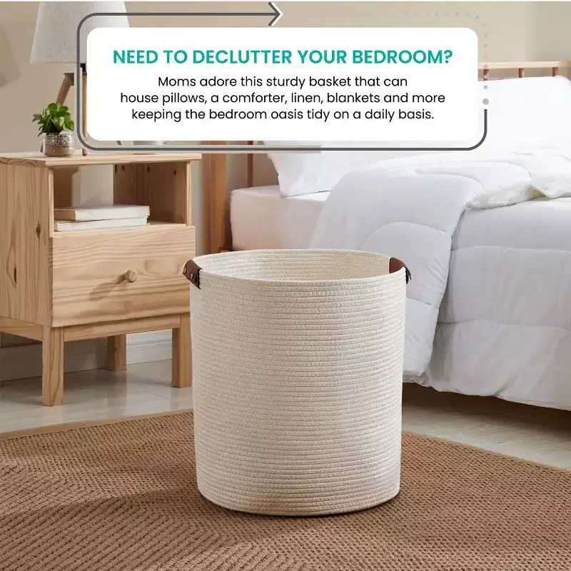 Ornavo Home Large Cotton Rope Laundry Hamper Woven Basket with Faux Leather Handles