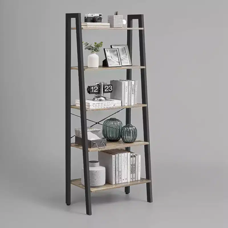 5-Tier Industrial Ladder Shelf Bookcase with Steel Frame, Multi-Room