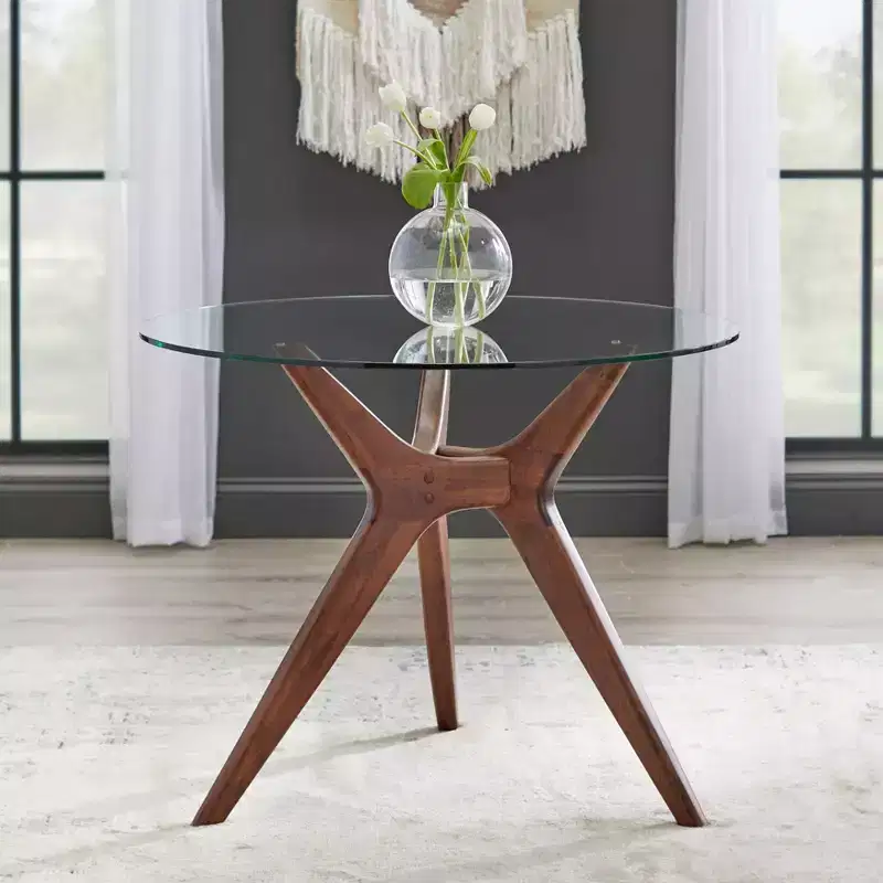 Lifestorey Trita 38 Tempered Glass Round Dining Table Walnut