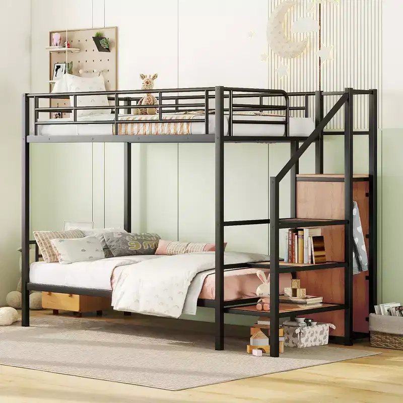Whisen Stylish Design Metal Frame Bunk Bed with Lateral Storage Ladder and Wardrobe