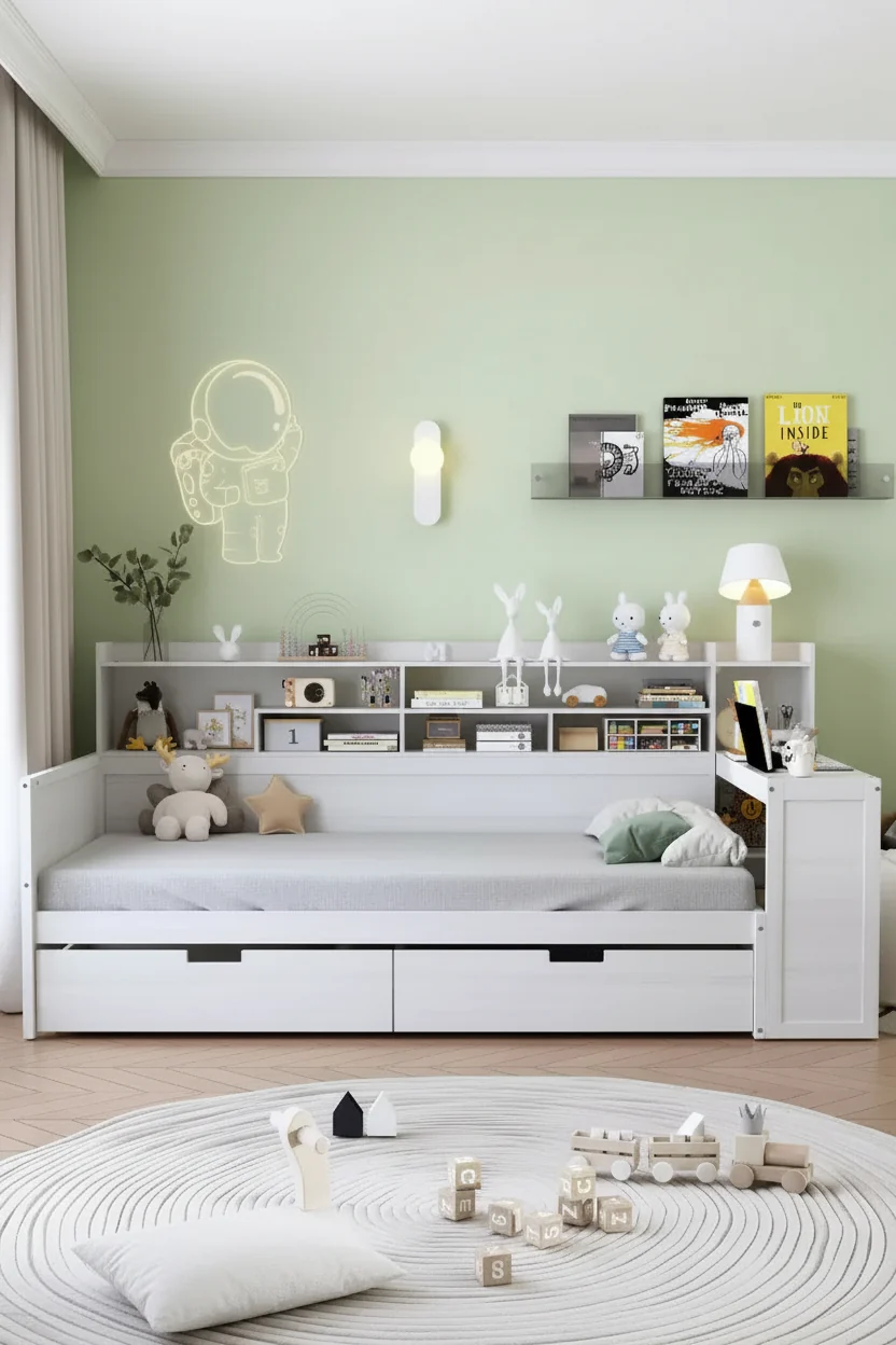 Twin Size Multifunctional Bed with Storage Shelves, Drawers & Study Desk, Antique White