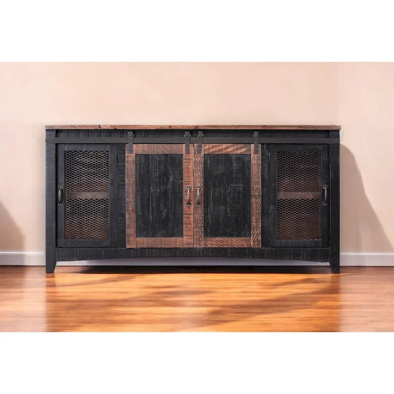 68-Inch Distressed TV Stand – Black, Solid Pine Wood, Enclosed Storage, Fits TVs up to 65 Inches