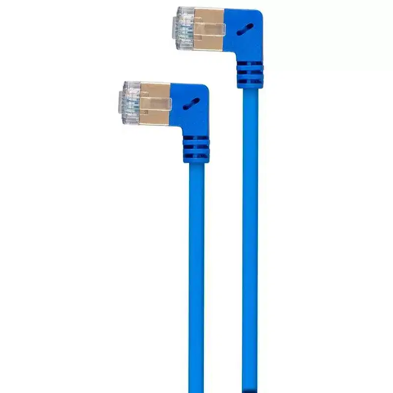 Monoprice SlimRun Cat6A Ethernet Network Cable/Cord - Blue - 1 Feet | 90 Degree Angled, 36AWG, S/STP