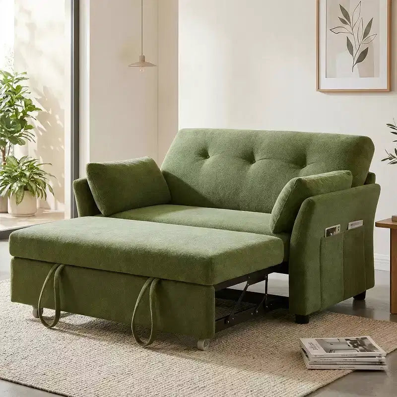 51 Inch 3-in-1 Pull-Out Sleeper Sofa Bed, Convertible Loveseat with Reclining Adjustable Backrest, Chenille Upholstered Couch, Side Pocket