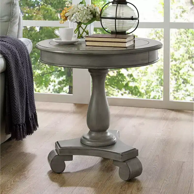 Round Wood Pedestal Side Table, Gray