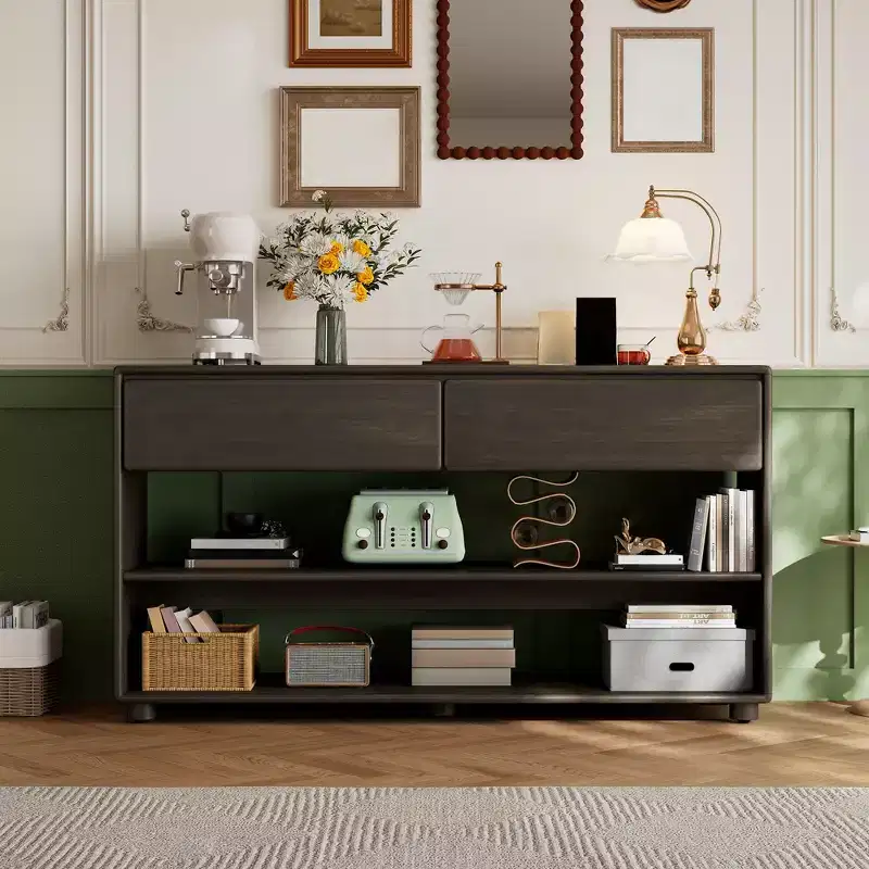58 Inch Narrow Entryway Console Table with 2 Drawers, 3-Tier Sofa Table for Behind Couch, Hallway & Living Room