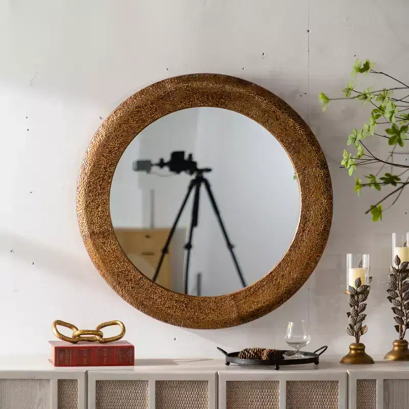 31.3 Hammered Textured Round Wall Mirror, Decorative Accent Mirror Rustic Mirror for Living Room Bedroom, Gold - ModernLuxe