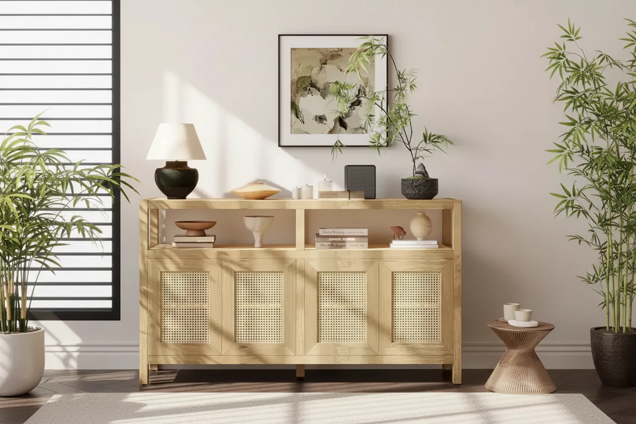 Bohemian Rattan Sideboard with Adjustable Shelves & Solid Wood Frame, Natural