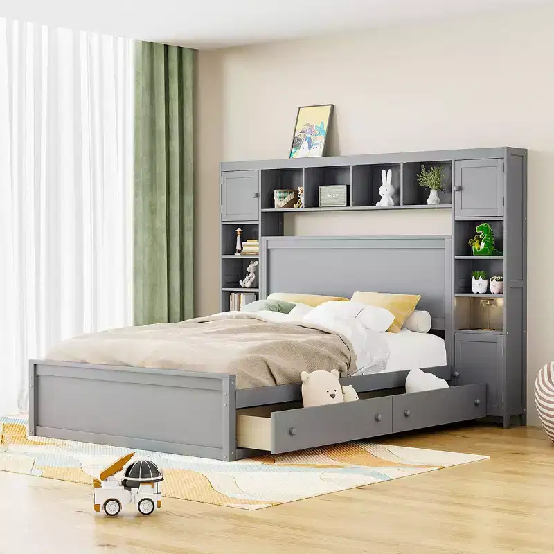 Queen Size Wooden Bed with Cabinet, Shelves and Built-In Outlets