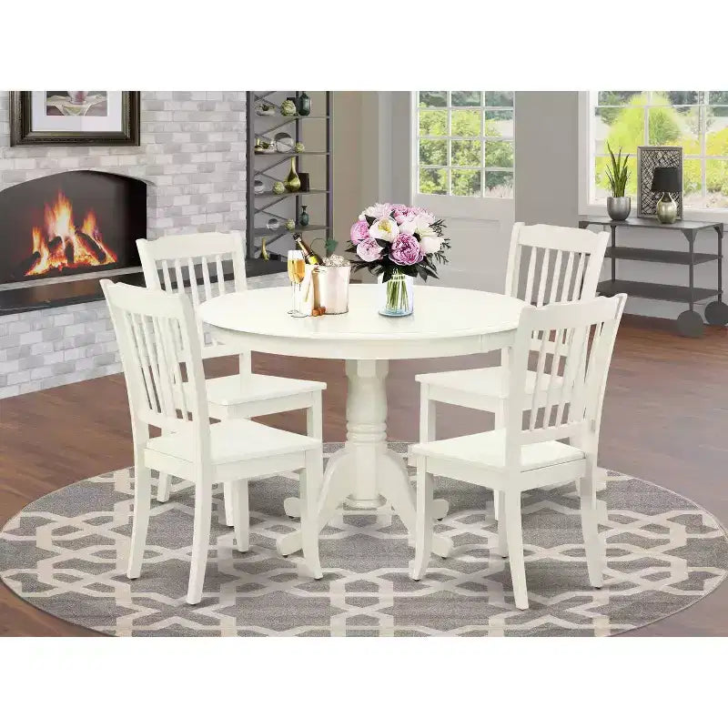 Round Dining Set 5Pc Asian Style - 42 Inch Table & 4 Chairs - Modern Elegant Dining Room Furniture